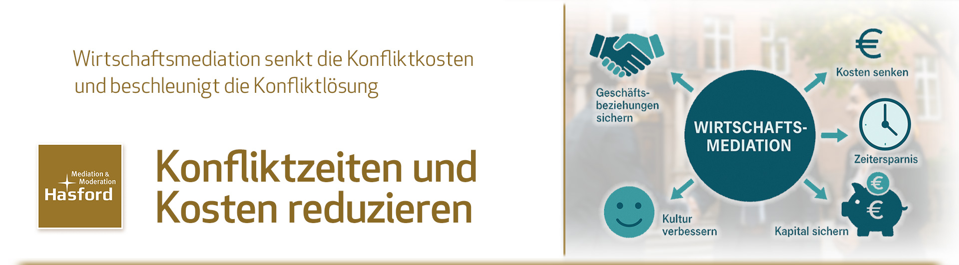 Mediation ist ein strukturiertes, freiwilliges Verfahren das bei Unternehmens-Konflikten zu vertraulichen Lösungen führt. Dabei werden durch die Wirtschaftsmediation die Konfliktkosten gesenkt und die Konfliktlösung beschleunigt.