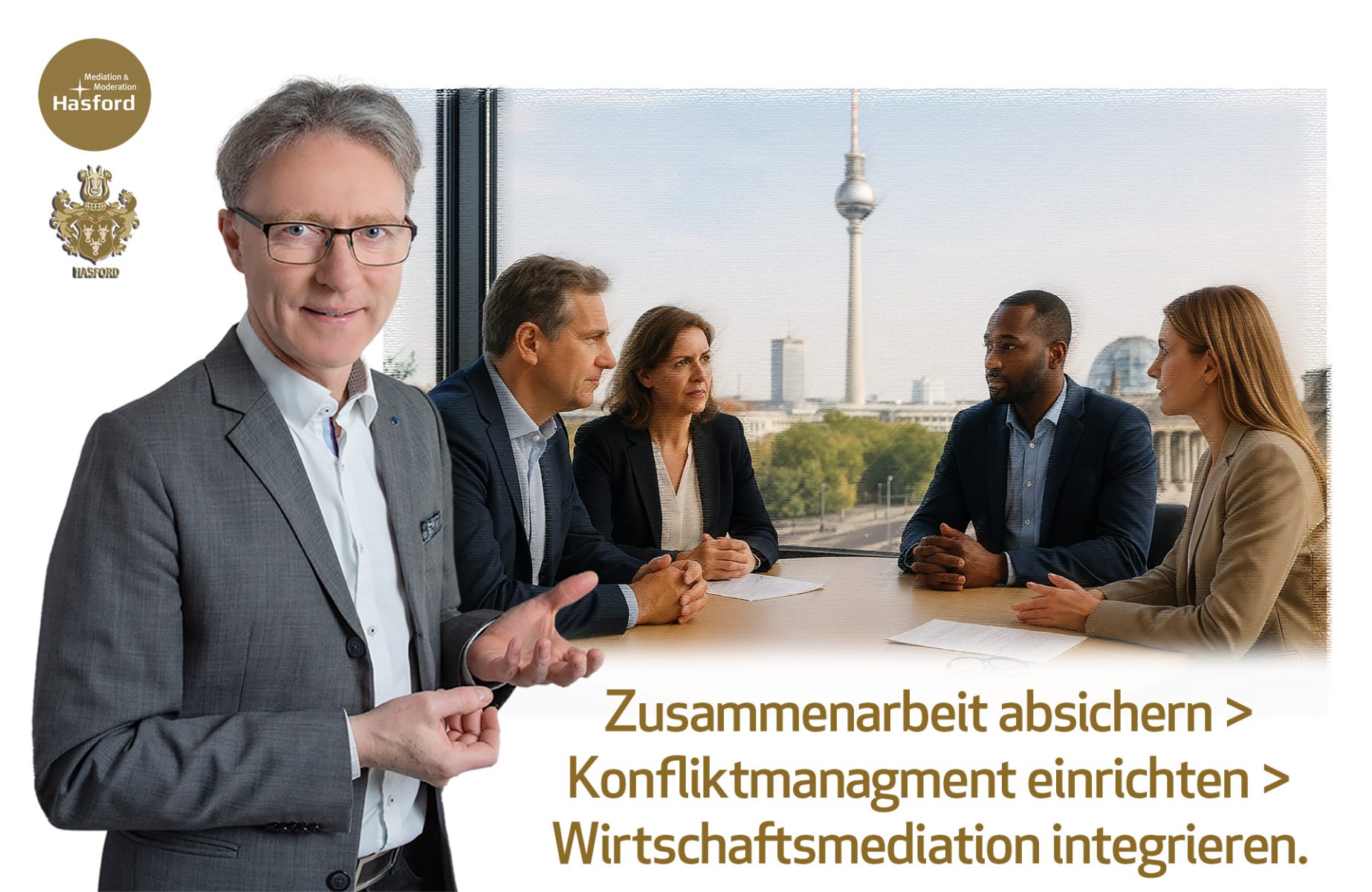 Ralf Hasford Wirtschaftsmediation und Prävention, Supervision, Konfliktmanagement und Mediation in der Wirtschaft.
1) Mediation in Unternehmen a) Führungskräfte, b) Mitarbeiter, c) Teams
2) Mediation für Unternehmensnachfolge
3) Mediation in Stiftungen und Organisationen
4) Supervision für teams
5) Aufbau eines Konfliktmanagement in Unternehmen und Organisationen