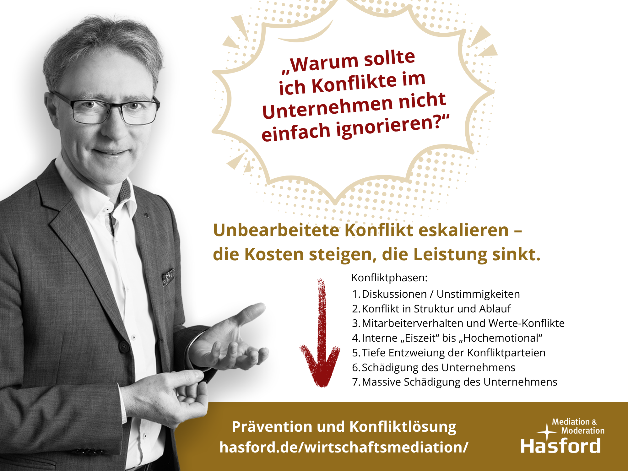 Konfliktmanagement: Konflikte sind kein Betriebsunfall, sondern ein Frühindikator: Wenn Entscheidungen vertagt werden, Projekte stocken und Vertrauen sinkt, ist ein belastbares Konfliktmanagement gefragt. Ich gehe dorthin, wo es im Getriebe knirscht, löse Konflikte und führe Führungsteams zu klaren Regeln, verlässlichen Verfahren und tragfähigen Vereinbarungen. Aus meiner Praxis: Nach dem Lösen des Gesellschafter-Geschäftsführer-Konflikts konnte wieder frei über ein gemeinsames Lagebild, eindeutige Zuständigkeiten, definierte Berichts- und Beschlusswege und die Budget- sowie Gewinnverteilung gesprochen werden. Ab wann lohnt sich ein Konfliktmanagement? Wenn es mehr als drei Abteilungen gibt und der/die Chef/in nicht mehr jeden Tag mit allen offen reden kann. Werden Spannungen früh erkannt, können dort Gespräche präzise geführt werden. Alle Beschlüsse sind zu dokumentieren. Dadurch wird der Effekt messbar: weniger Reibungsverluste, schnellere Beschlüsse, stabilere Zusammenarbeit – und Schutz von Werten, Wissen und Reputation. Wenn Du oder Deine Kunden 'Konflikte in Handlungsfähigkeit verwandeln' wollen, begleite ich Sie mit einem klaren Prozess und Ergebnisfokus – vom Lösen eines Akutfalls bis zum systematischen Aufbau eines Konfliktmanagement-Systems.