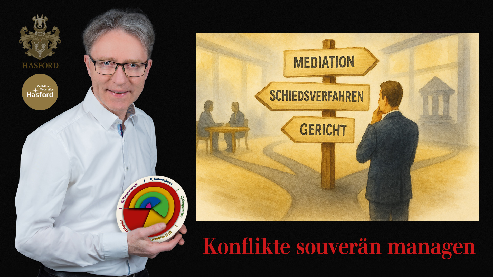 Als Selbstständige:r brauchst du einen klaren Kompass: Was klärst du selbst, wann hilft Mediation, und ab wann gehts zum Anwalt? 
In meinem Talk zeige ich Dir eine einfache Entscheidungslogik, damit du Zeit, Nerven und Geld sparst – und deine Geschäftsbeziehungen nicht unnötig verbrennst. Ergebnis: souveräne Klarheit statt nur Bauchgefühl.