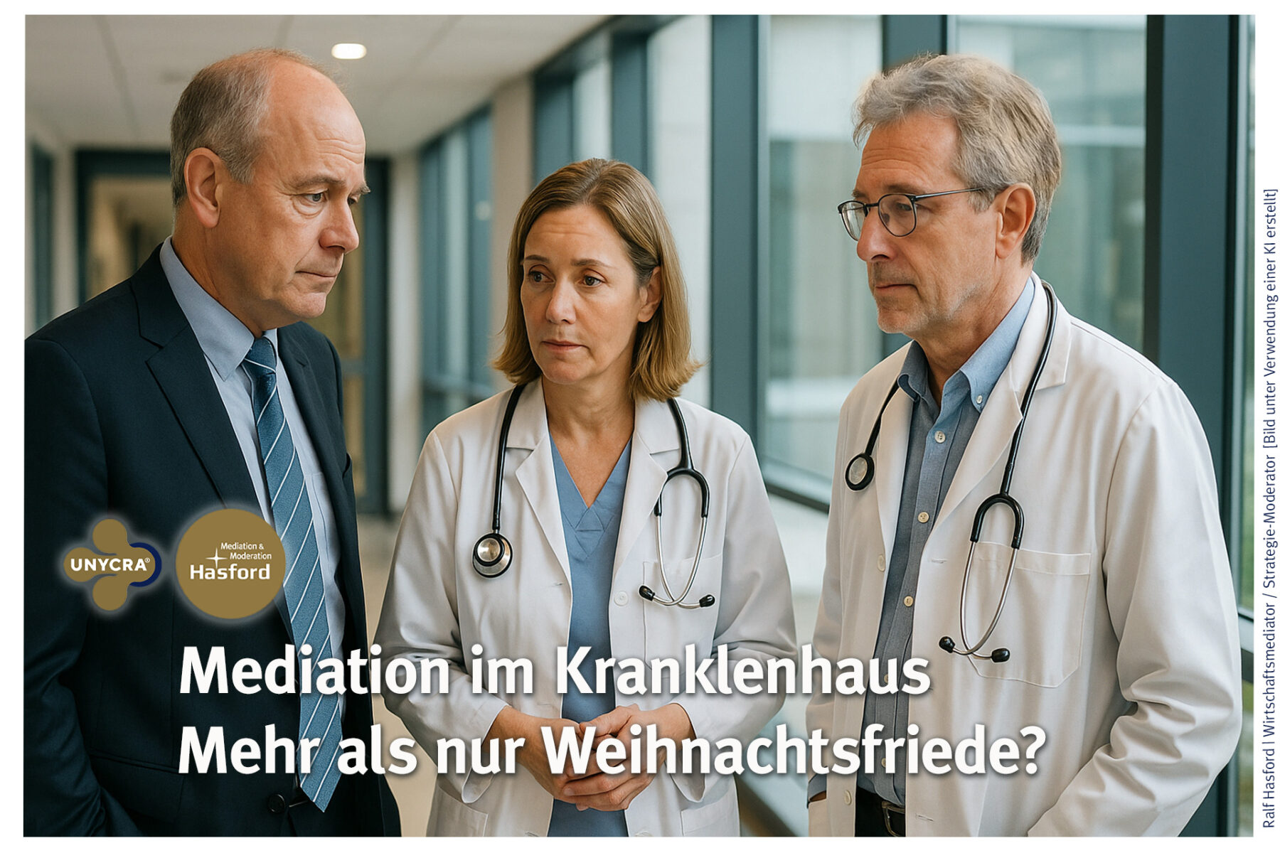 Mediation im Krankenhaus. Zufälliges Treffen auf dem Flur: Zwei Ärzte und der Geschäftsführer sorgen sich um die Stimmung einer Station.