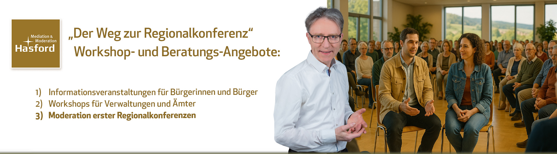 Moderation erster Beteiligungsveranstaltungen und Regionalkonferenzen. Neutral, strukturiert, konfliktarm. UNYCRA® Beteiligungskompetenz für Standortregionen.