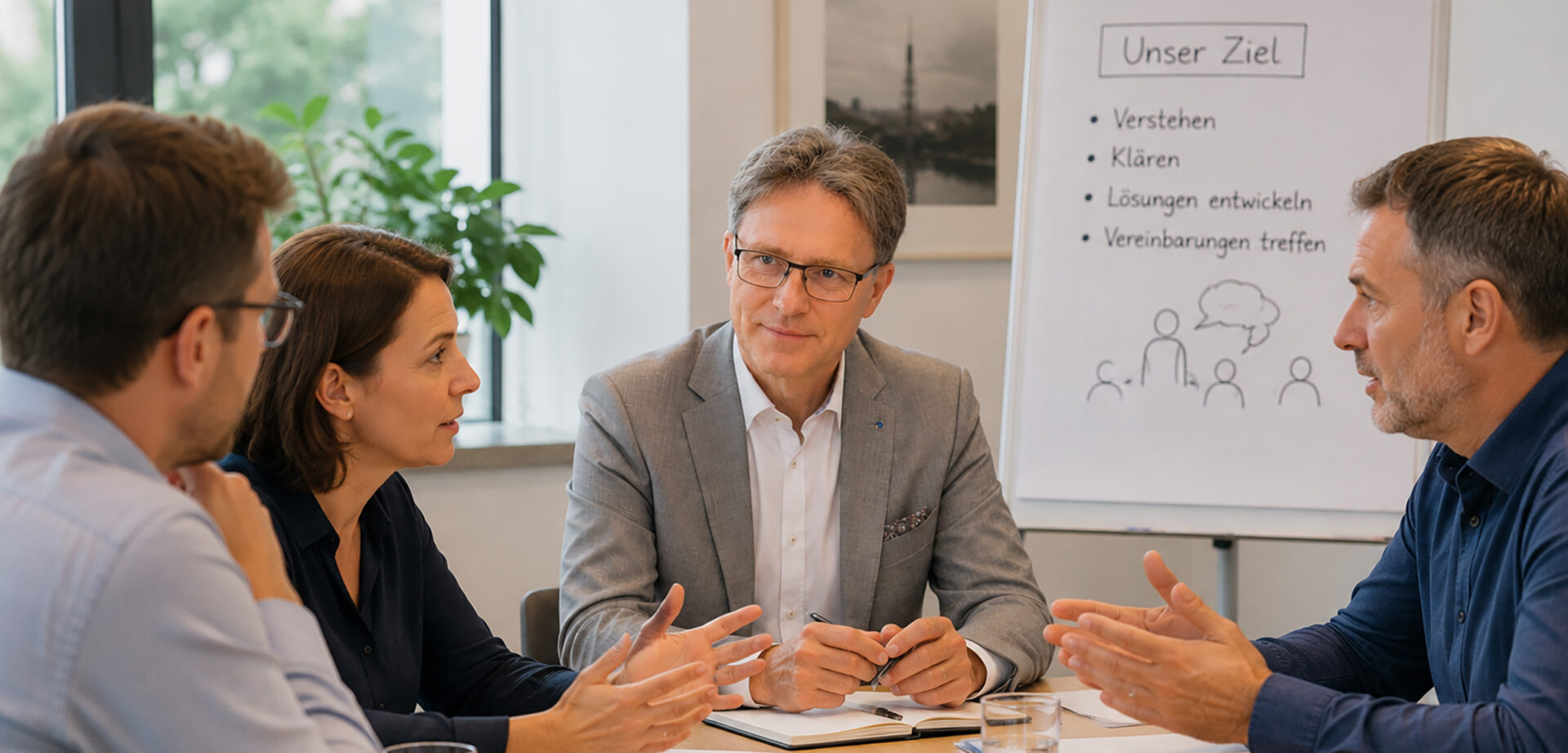Konfliktlösung für Entscheider:innen und Vorstände
• Vertraulich, allparteilich, rechtskonform
• Strukturierter Prozess mit Decision-Log
• Mandats- und Rollenklärung vor Start
• Abschlussvereinbarungen mit Review-Terminen
• Berlin/Brandenburg und deutschlandweit, deutschsprachig in Präsenz und Online