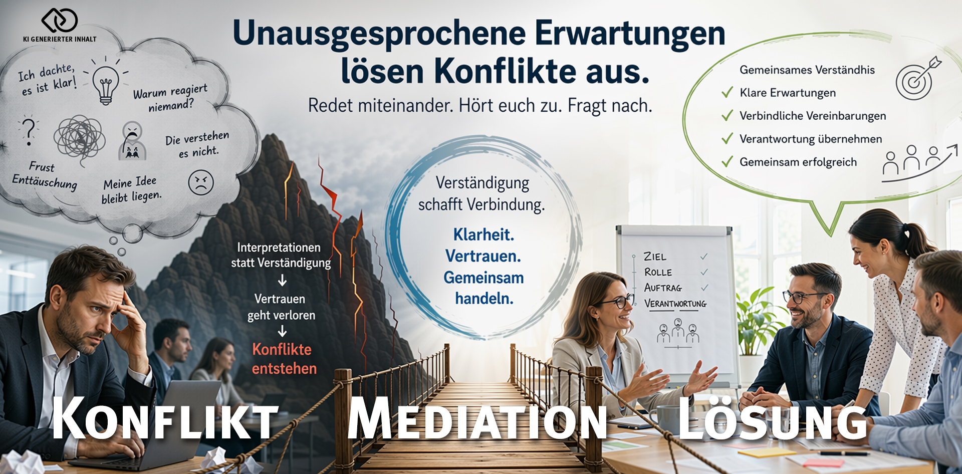 In meiner Mediation und Konfliktmoderation schaffe ich die Möglichkeit, diese verborgenen Ebenen sichtbar zu machen und sie zu besprechen. Das Ziel sind Lösung durch Verständnis und verbindliche Vereinbarungen zur Zielerreichung. Denn ein brillanter Gedanke verändert ein Unternehmen erst, wenn er zum Wirken in die Welt gelangt. Wirkung entsteht, wenn andere ihn verstehen, Verantwortung übernehmen können und daraus zielgerichtet ein gemeinsames nachvollziehbares Handeln wird.
